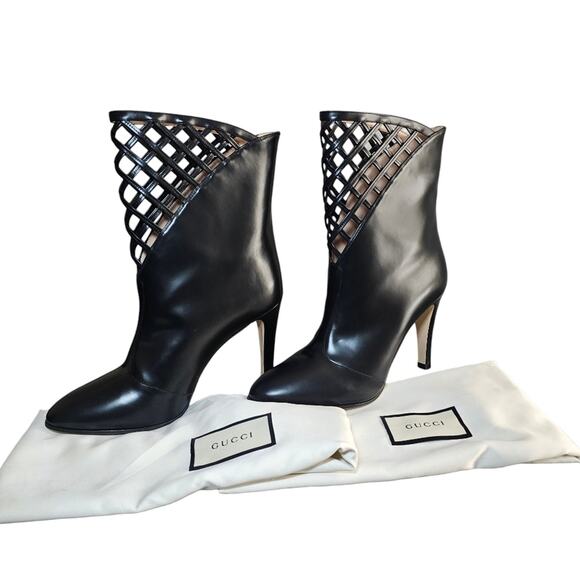 Gucci Shoes - Gucci Women's Black‎ Plume Calfskin Leather Lattice Cutout Boots Size EU 39.5